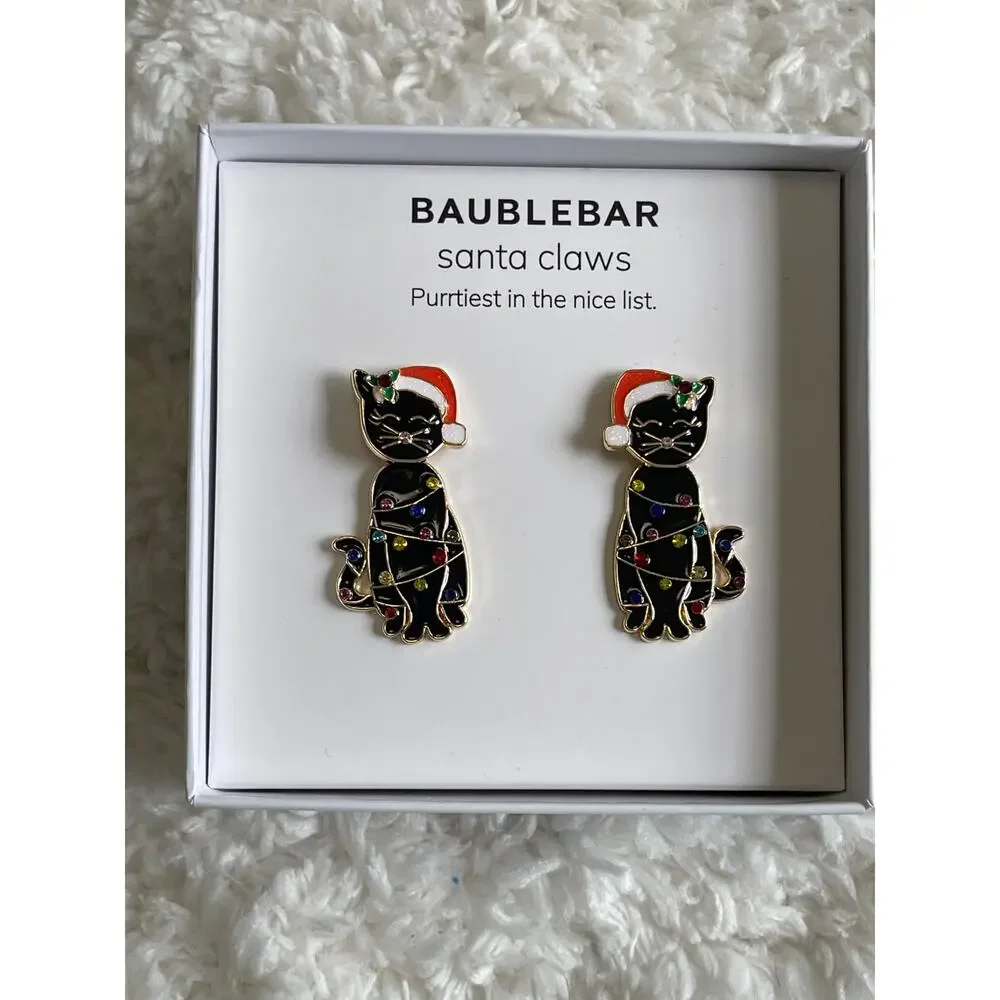 BaubleBar Santa Claws Christmas Xmas Black Cat Moveable Earrings New In Box
